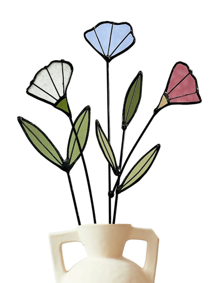 Handmade Stained Glass Wildflower Arrangement – Blue, Dusty Rose & White Blossoms