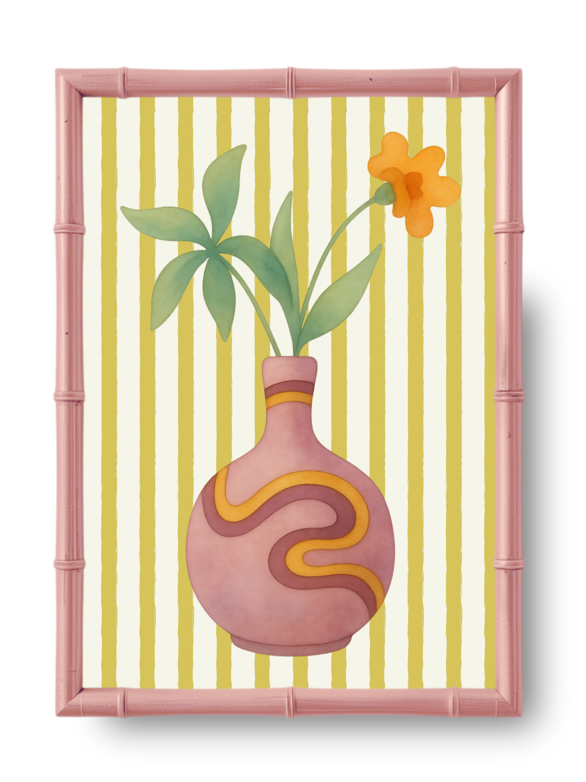 Decorative wall art with a lavender vase and green leaves on a striped background
