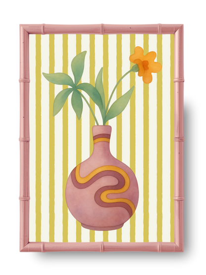 Decorative wall art with a lavender vase and green leaves on a striped background