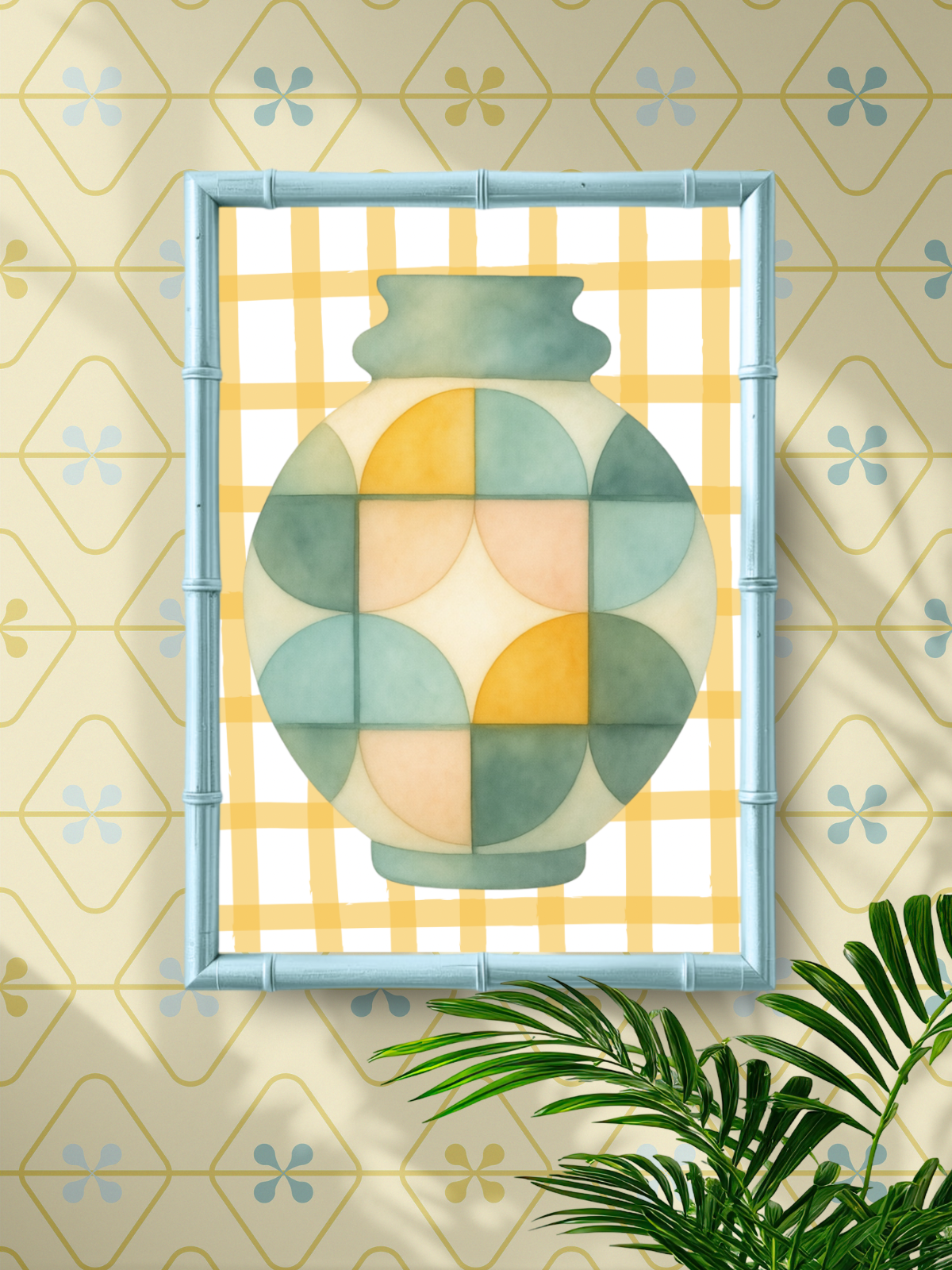 Geometric Vase Art Print hanging on a retro style wall