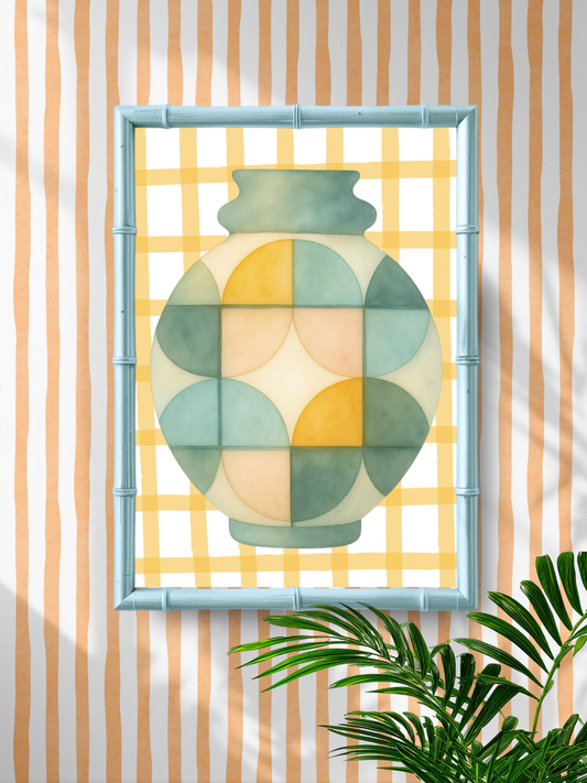 Decorative wall art with a geometric vase design on a striped background