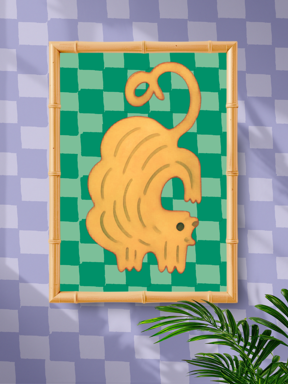 Framed artwork of a yellow cat on a green checkered background with a purple checkered wall.