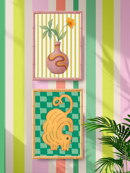 Two framed illustrations on a striped background with green leaves.