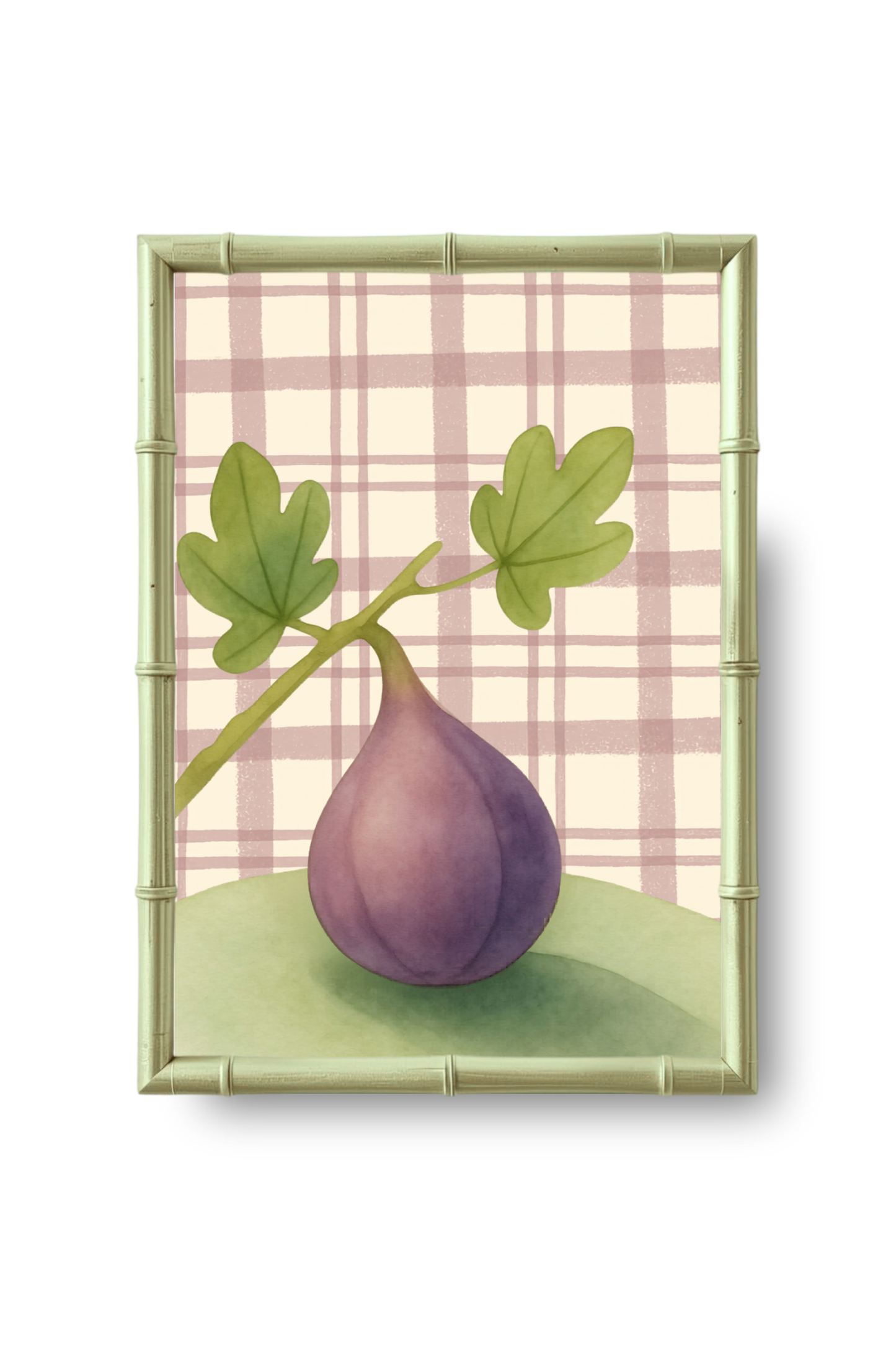 Framed artwork of a purple fig with green leaves on a plaid background