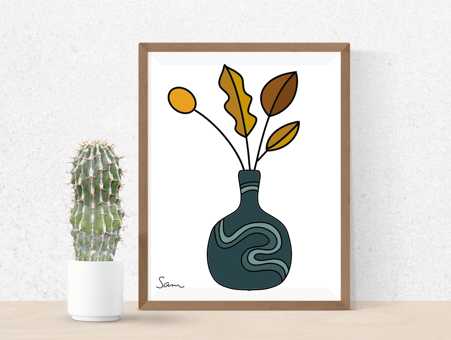 Modern Teal Vase Art Print | Minimalist Botanical Line Drawing - Samara Designs Studio