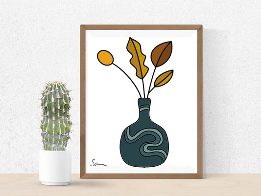 Modern Teal Vase Art Print | Minimalist Botanical Line Drawing - Samara Designs Studio