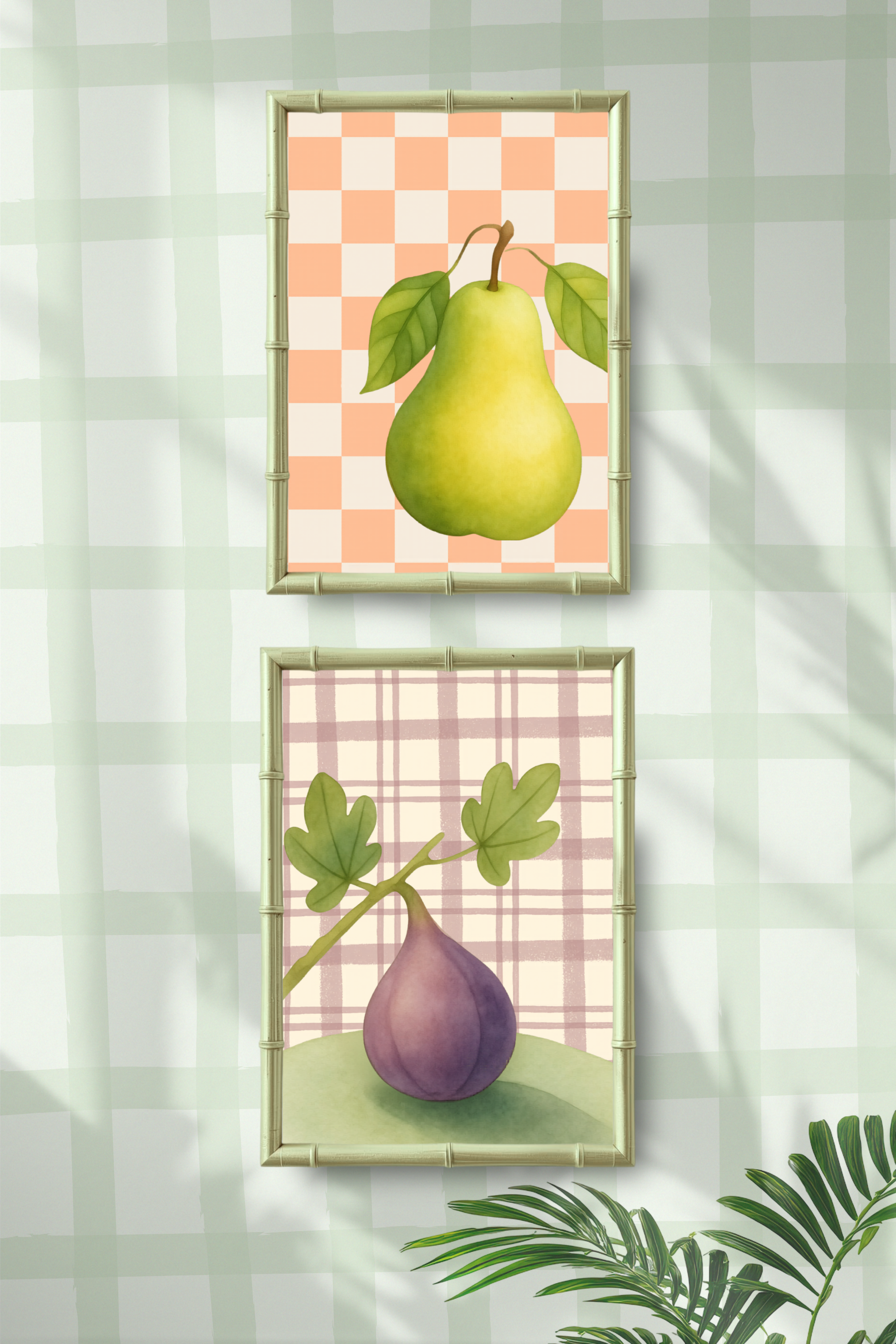 Two framed illustrations of a pear and an fig on a checkered background, with a green leafy plant in the foreground.