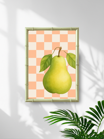 Framed artwork of a green pear on a checkered background with a bamboo frame.