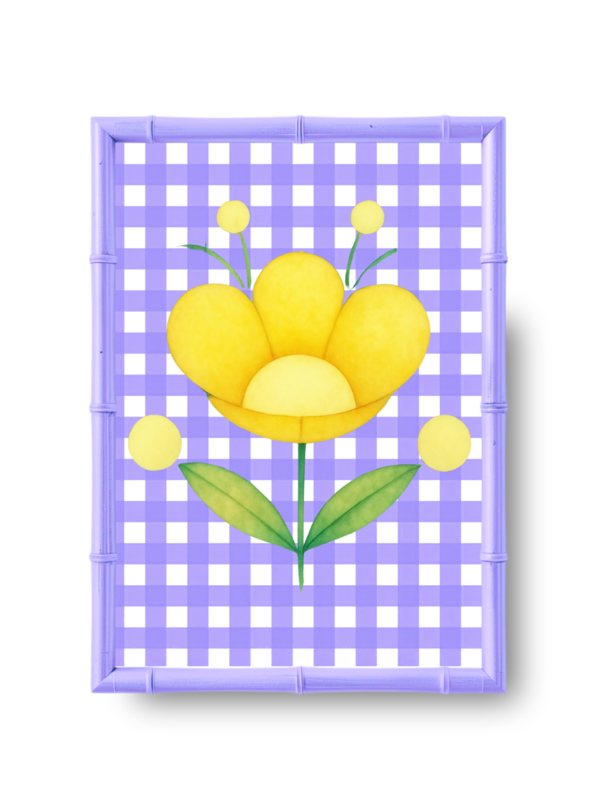 Yellow flower design on a purple checkered background in a purple bamboo frame