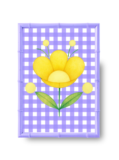 Yellow flower design on a purple checkered background in a purple bamboo frame