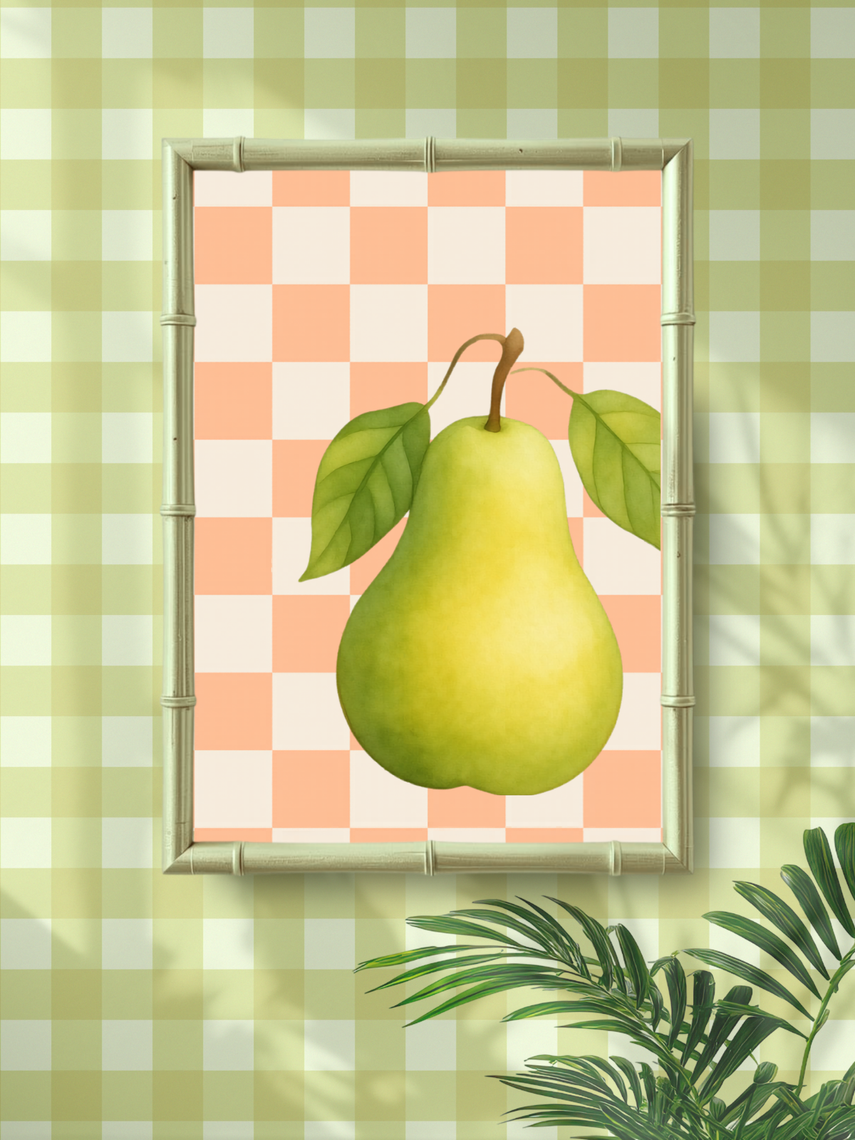 Framed illustration of a green pear on a checkered background with a plaid pattern.