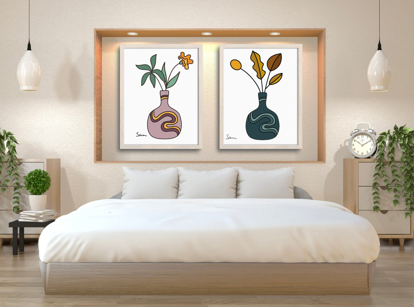 Modern Teal Vase Art Print | Minimalist Botanical Line Drawing - Samara Designs Studio