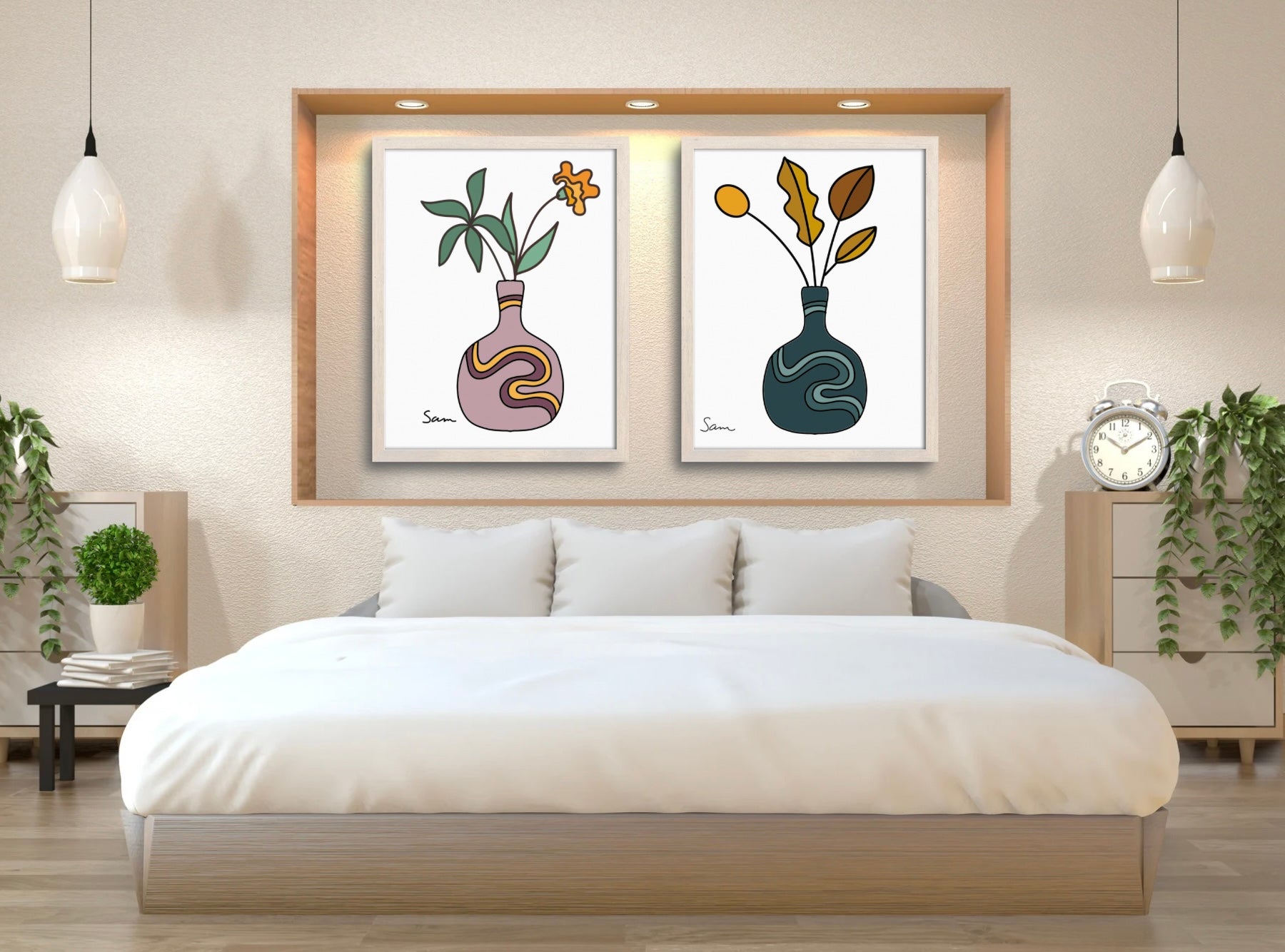 Modern Teal Vase Art Print | Minimalist Botanical Line Drawing - Samara Designs Studio