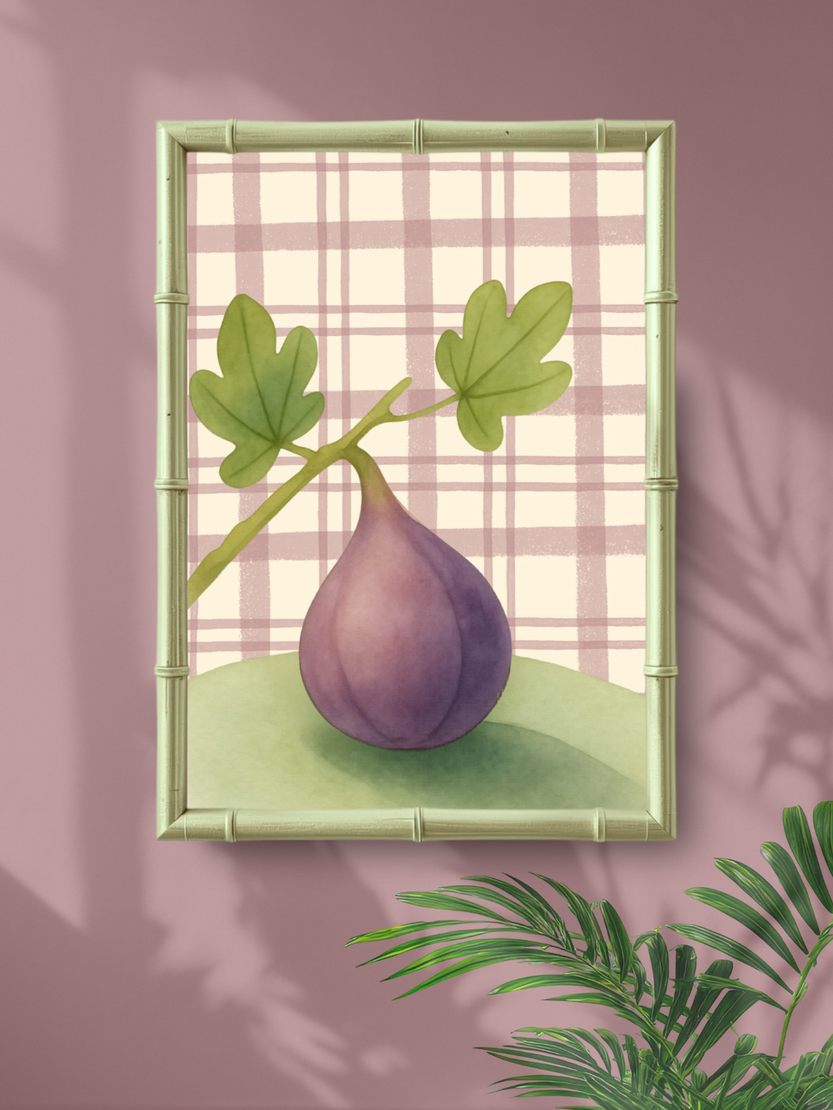Illustration of a fig with leaves on a plaid background