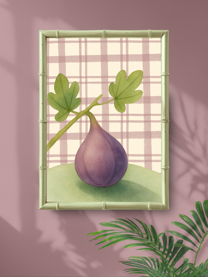 Illustration of a fig with leaves on a plaid background