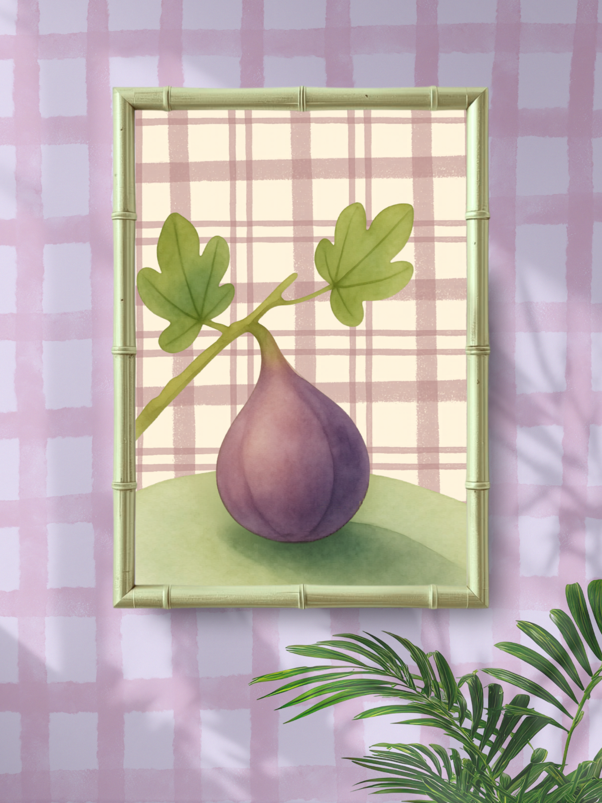 Framed illustration of a fig with leaves on a pink checkered background