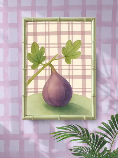 Framed illustration of a fig with leaves on a pink checkered background