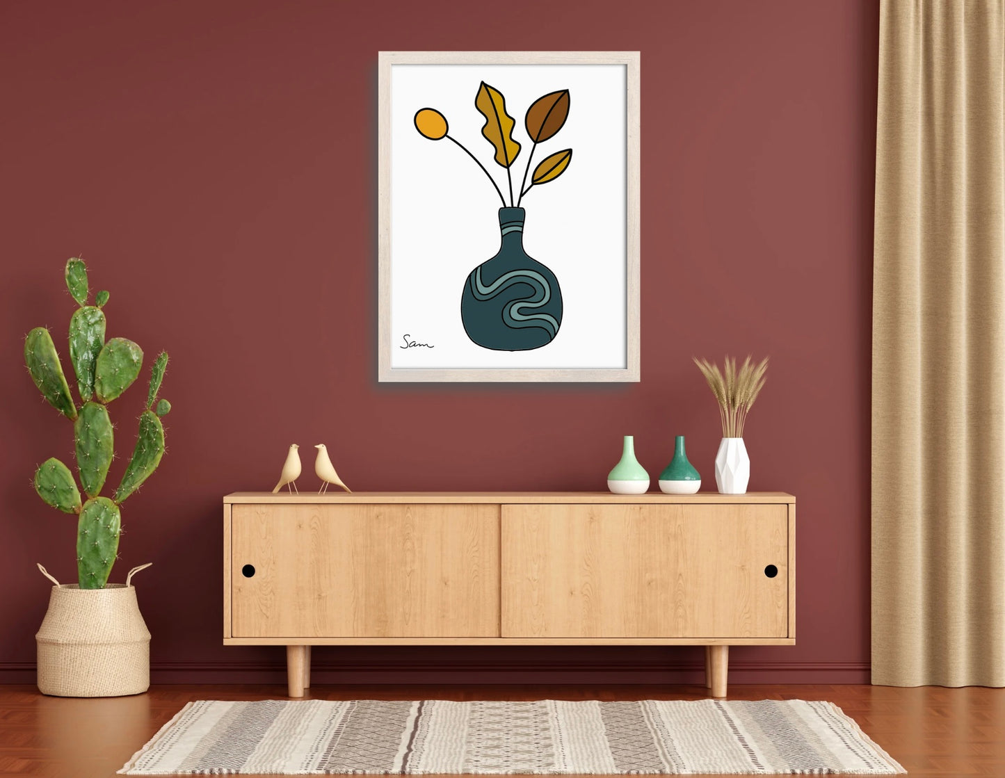 Modern Teal Vase Art Print | Minimalist Botanical Line Drawing - Samara Designs Studio