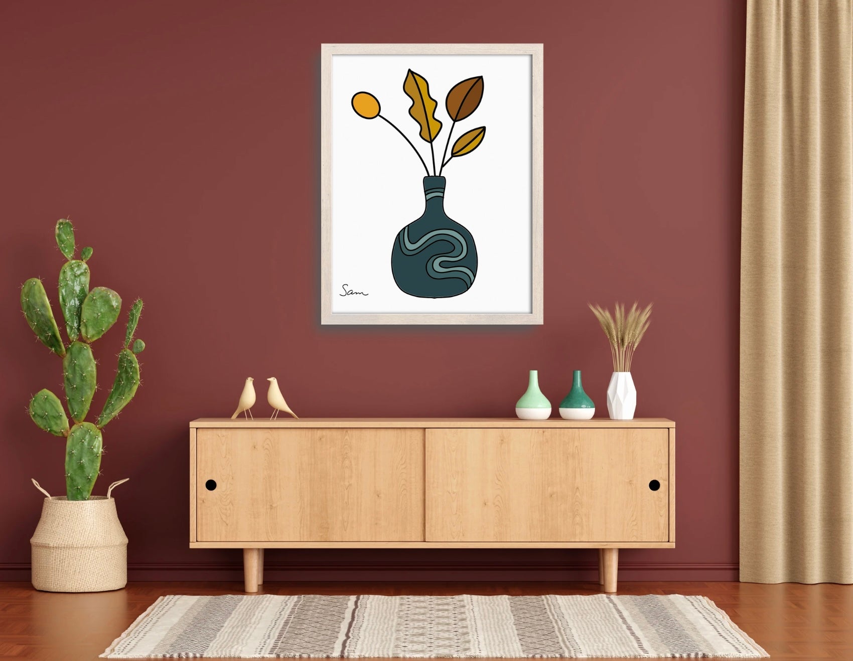 Modern Teal Vase Art Print | Minimalist Botanical Line Drawing - Samara Designs Studio