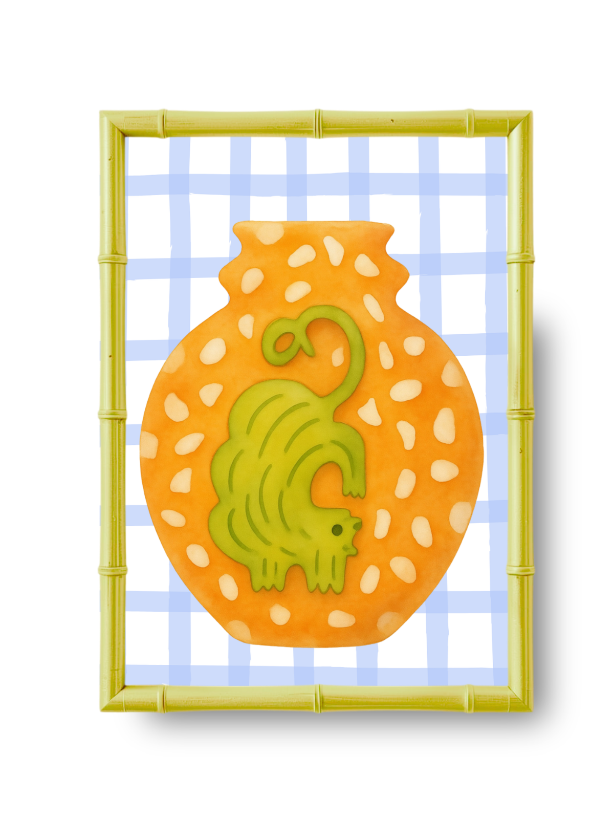 Decorative wall art with an ochre cat design on an orange background, framed by bamboo and against a blue checkered background.