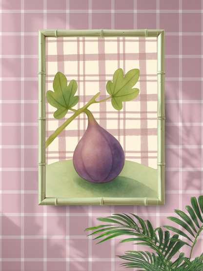 Illustration of a fig with leaves on a lavender plaid background