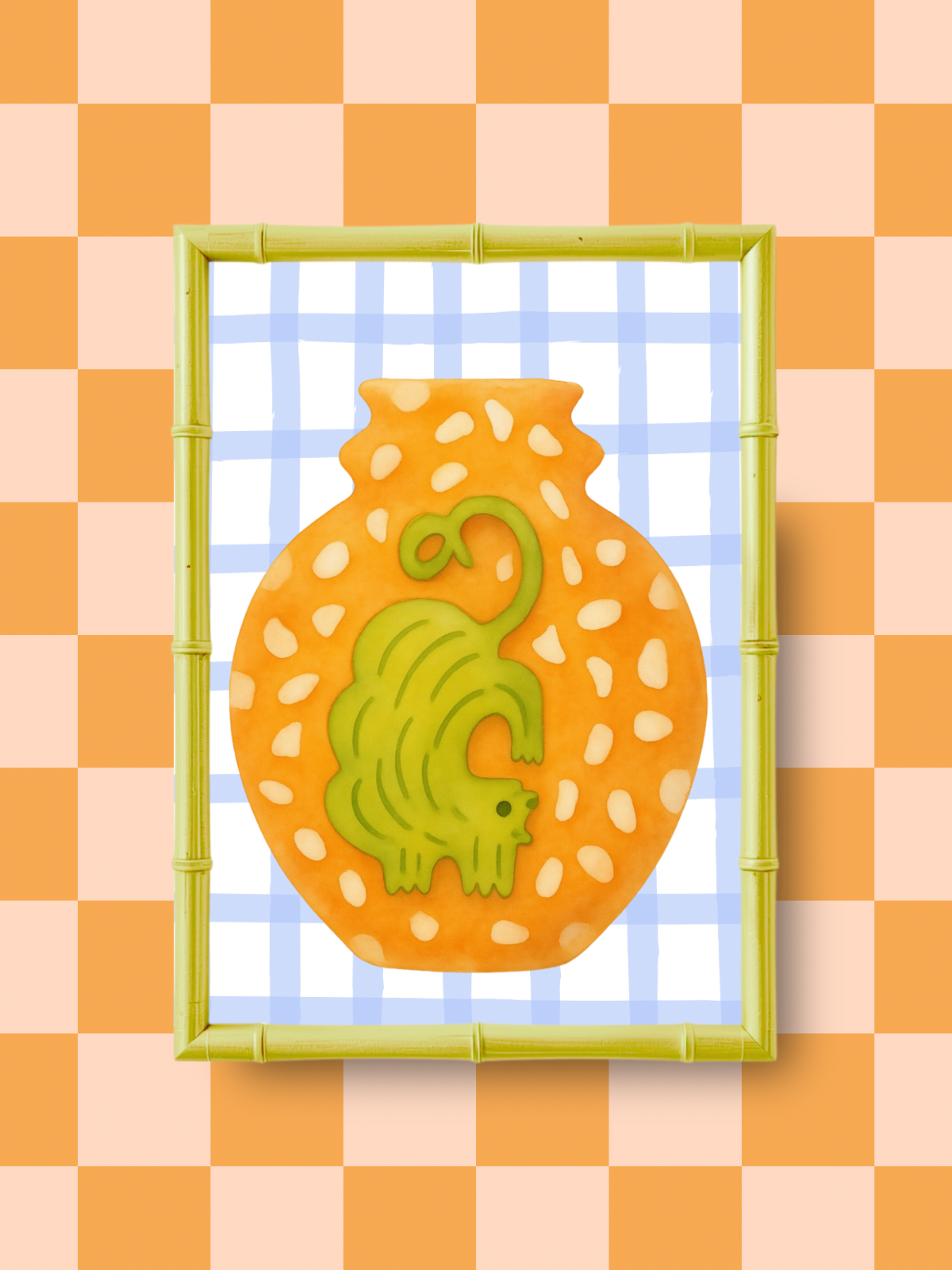 Decorative artwork with a green an ochre colored cat design on an orange vase against a checkered background