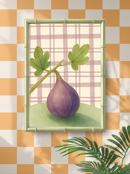 Illustration of a fig with leaves on a checkered background