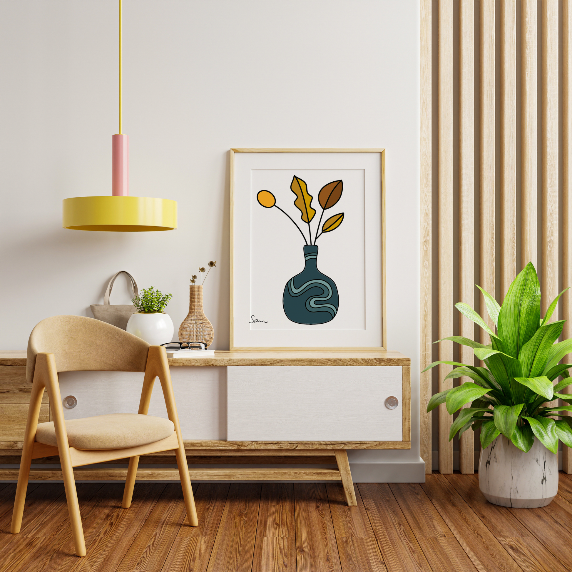 Modern Teal Vase Art Print | Minimalist Botanical Line Drawing - Samara Designs Studio