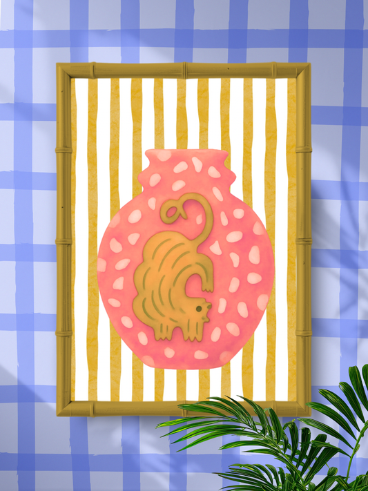 Whimsical Watercolor Art Print – Modern Folk Art Cat in Pink Vase, Colorful Gallery Wall Decor - Samara Designs Studio