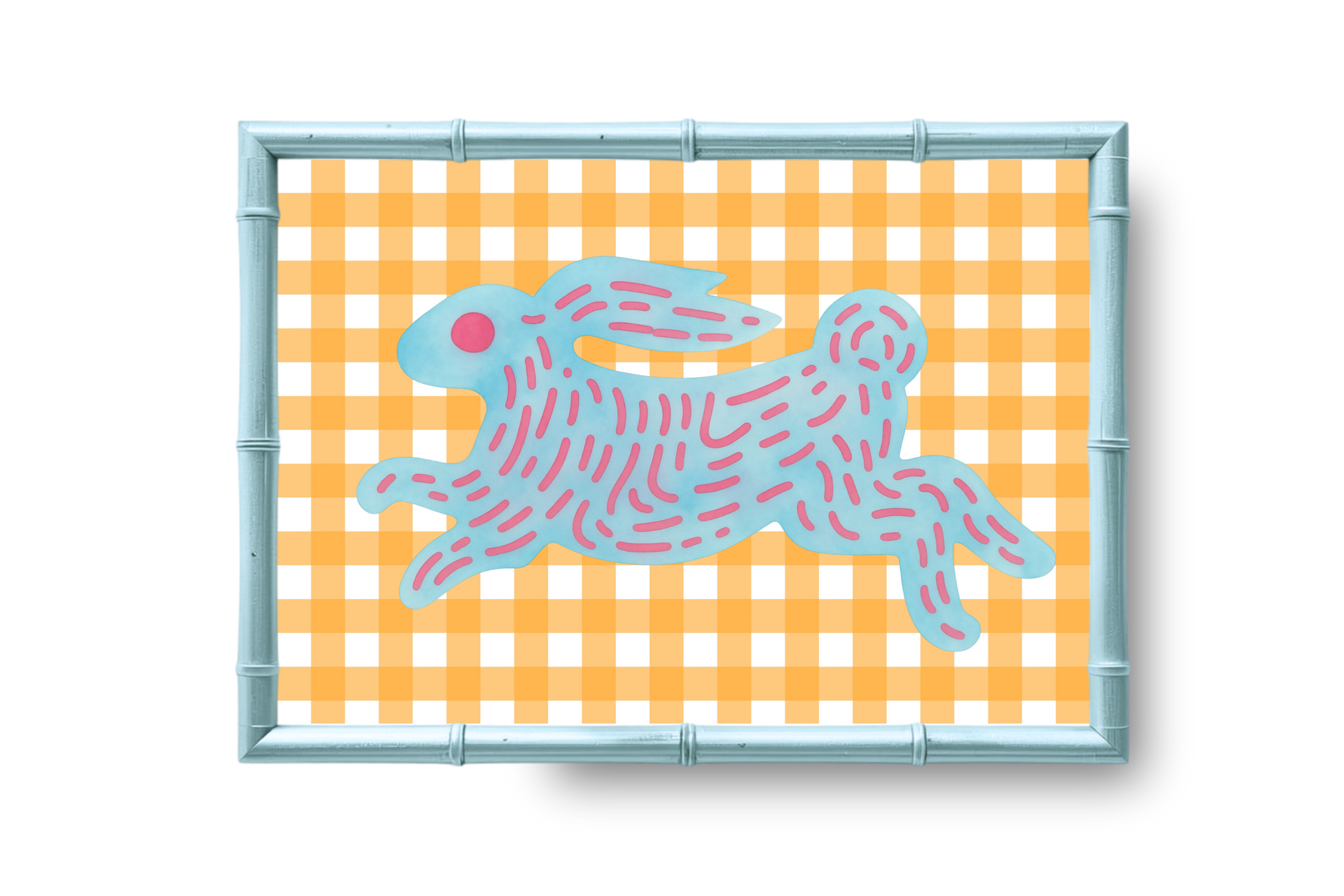 Framed artwork of a blue rabbit on a yellow checkered background
