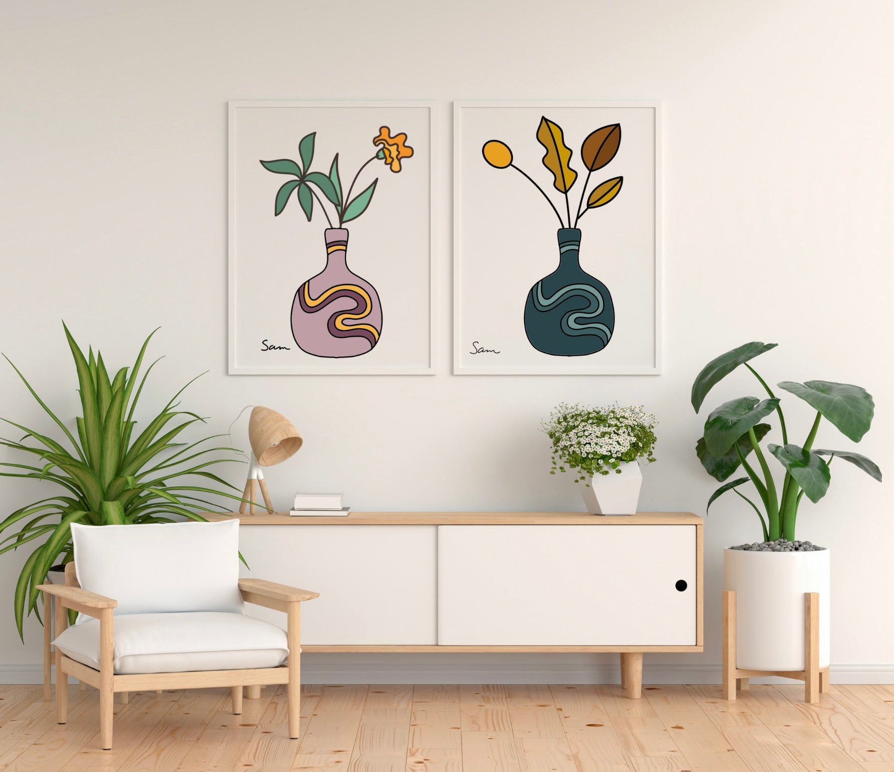 Modern Teal Vase Art Print | Minimalist Botanical Line Drawing - Samara Designs Studio