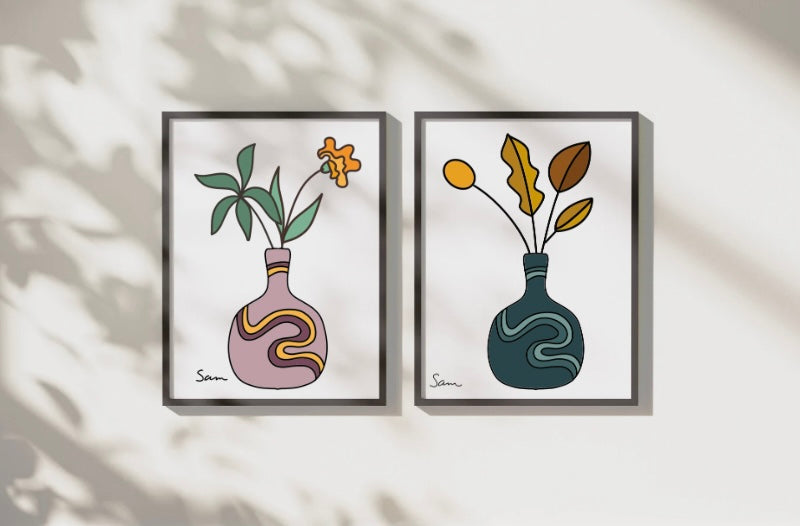 Modern Teal Vase Art Print | Minimalist Botanical Line Drawing - Samara Designs Studio