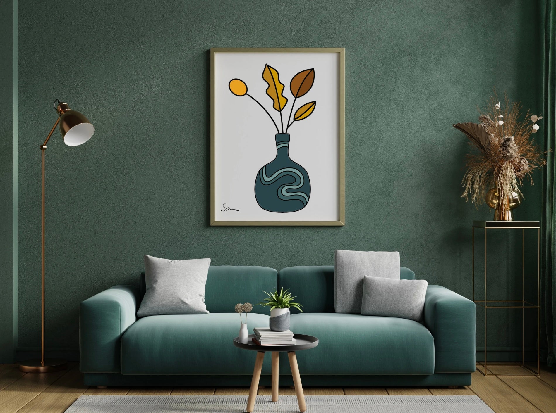 Modern Teal Vase Art Print | Minimalist Botanical Line Drawing - Samara Designs Studio