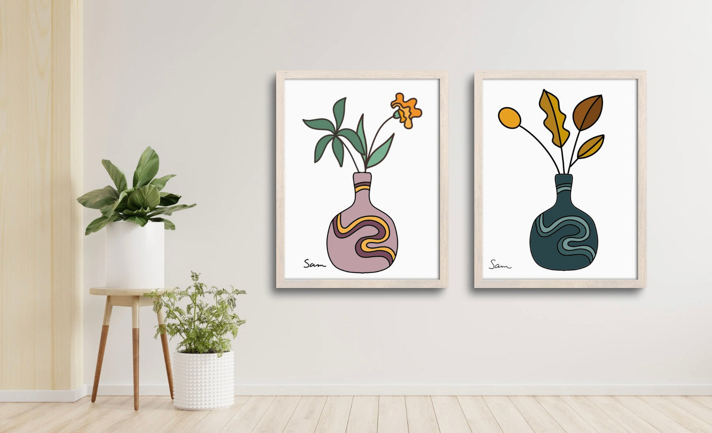 Modern Teal Vase Art Print | Minimalist Botanical Line Drawing - Samara Designs Studio