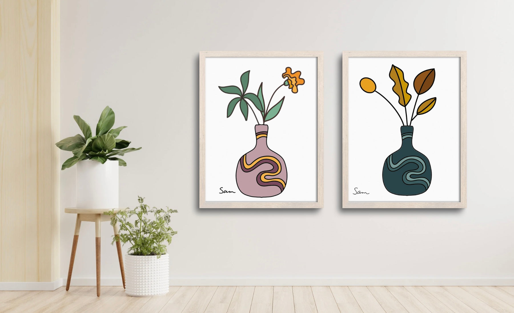 Modern Teal Vase Art Print | Minimalist Botanical Line Drawing - Samara Designs Studio