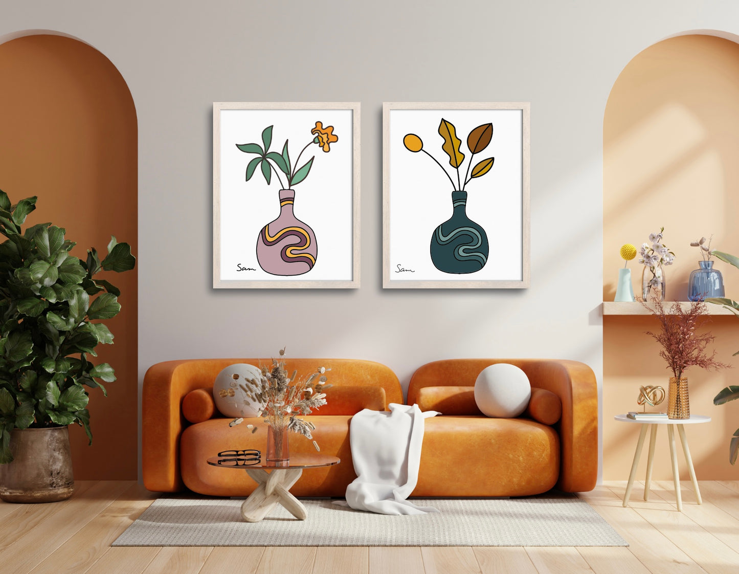 Modern Teal Vase Art Print | Minimalist Botanical Line Drawing - Samara Designs Studio