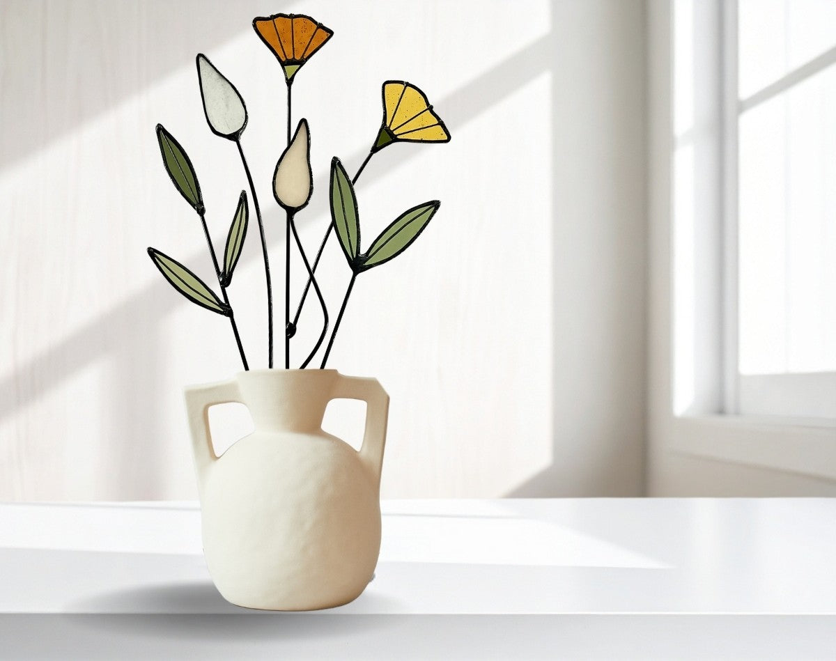 Handmade Stained Glass Wildflower Arrangement –Yellow & Olive Green