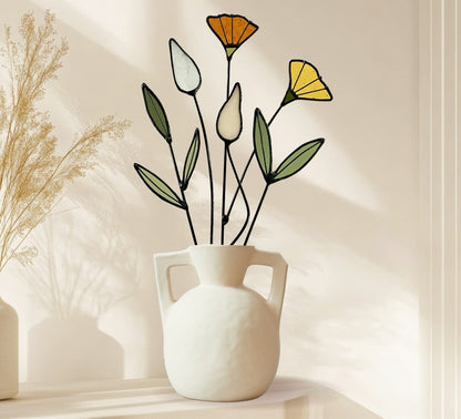 Handmade Stained Glass Wildflower Arrangement –Yellow & Olive Green
