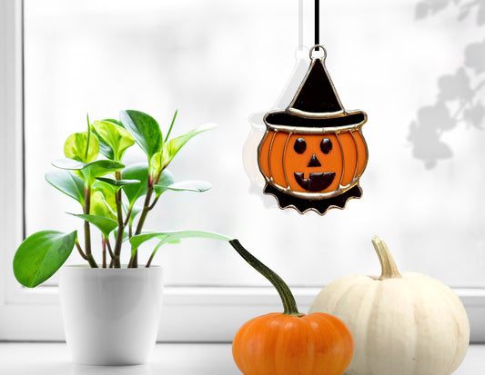 Halloween Stained Glass Vintage Pumpkin Suncatcher