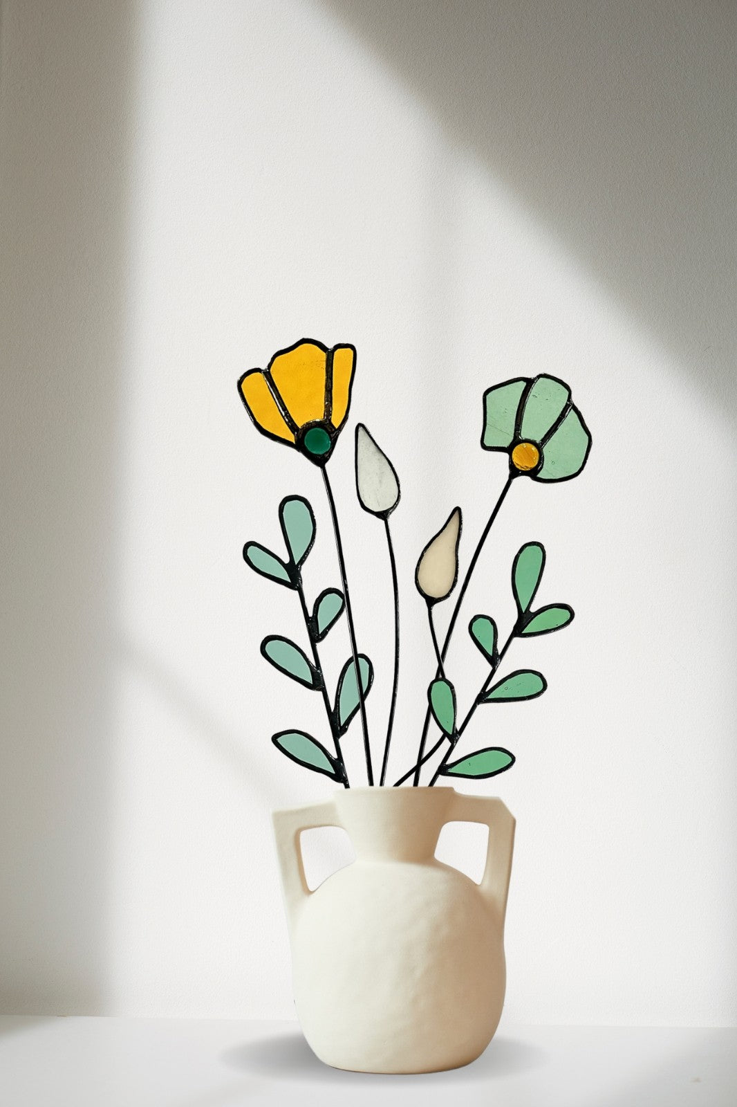 Handmade Stained Glass Wildflower Arrangement –  Amber & Sage Green