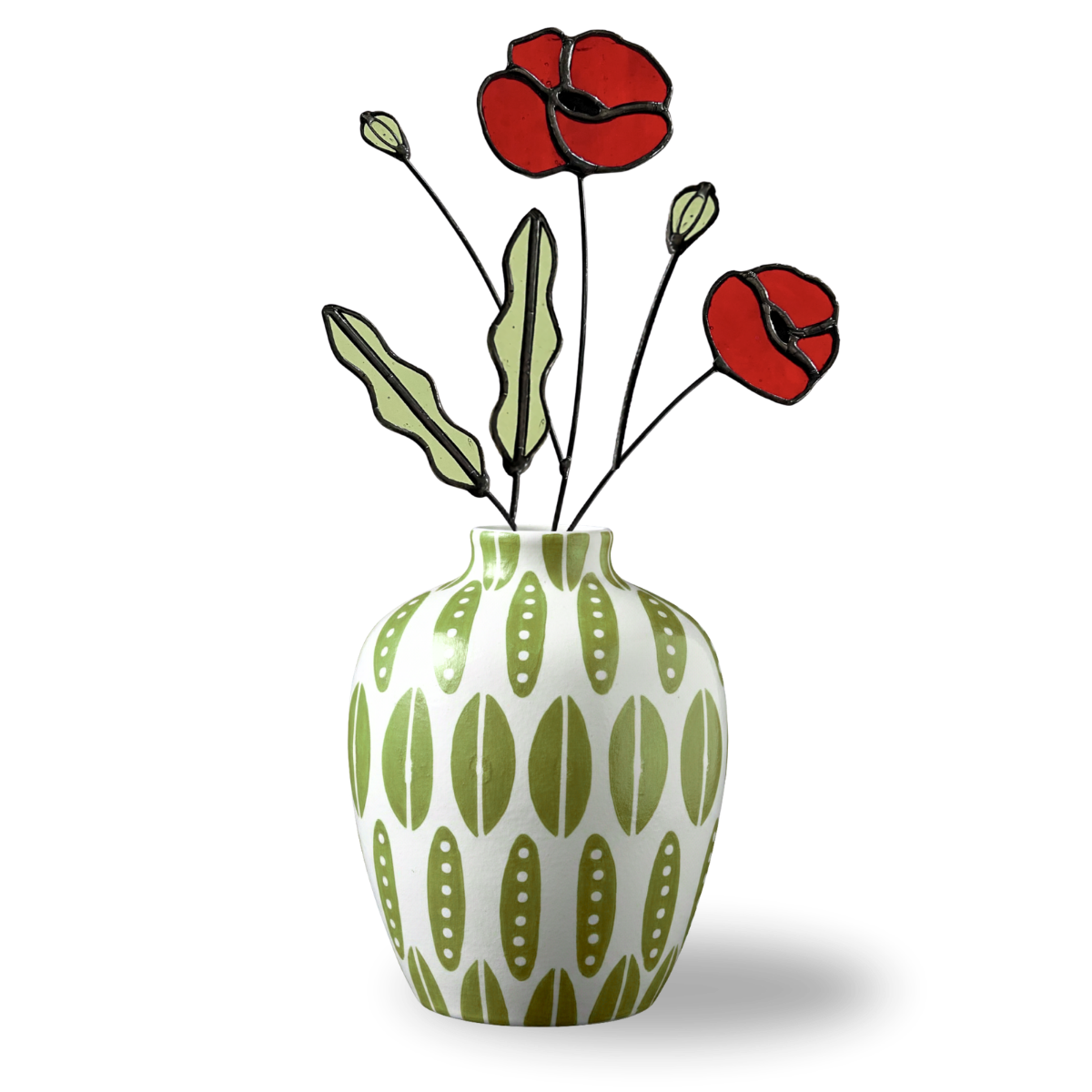 Red Poppy Stained Glass Stem – Handmade Botanical Art - Samara Designs Studio