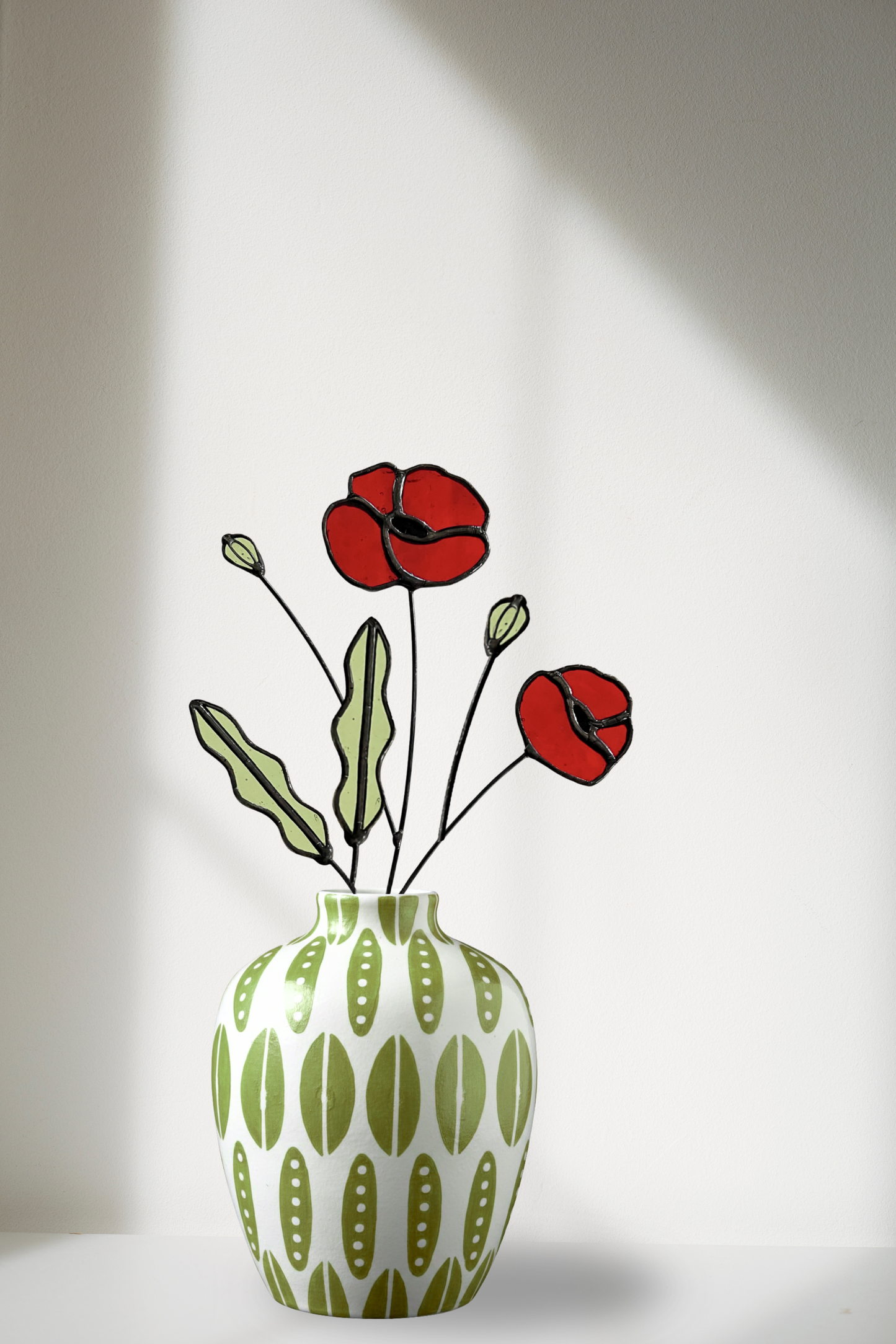 Red Poppy Stained Glass Stem – Handmade Botanical Art - Samara Designs Studio