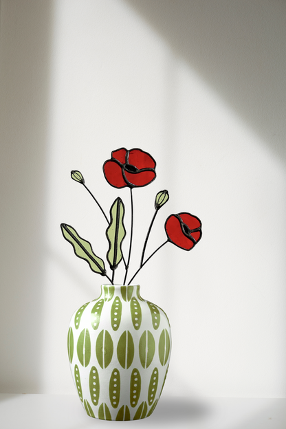 Red Poppy Stained Glass Stem – Handmade Botanical Art - Samara Designs Studio