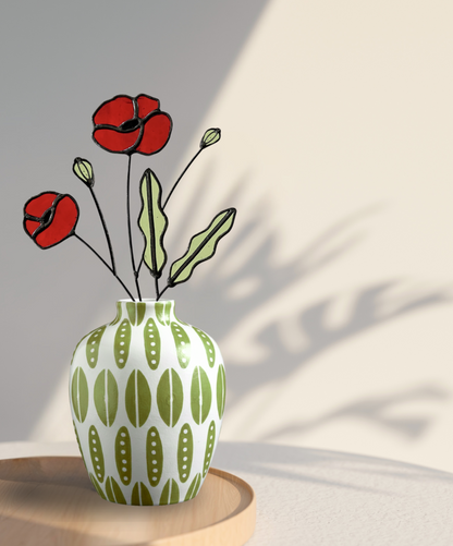 Red Poppy Stained Glass Stem – Handmade Botanical Art - Samara Designs Studio