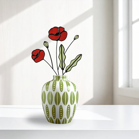 Red Poppy Stained Glass Stem – Handmade Botanical Art - Samara Designs Studio