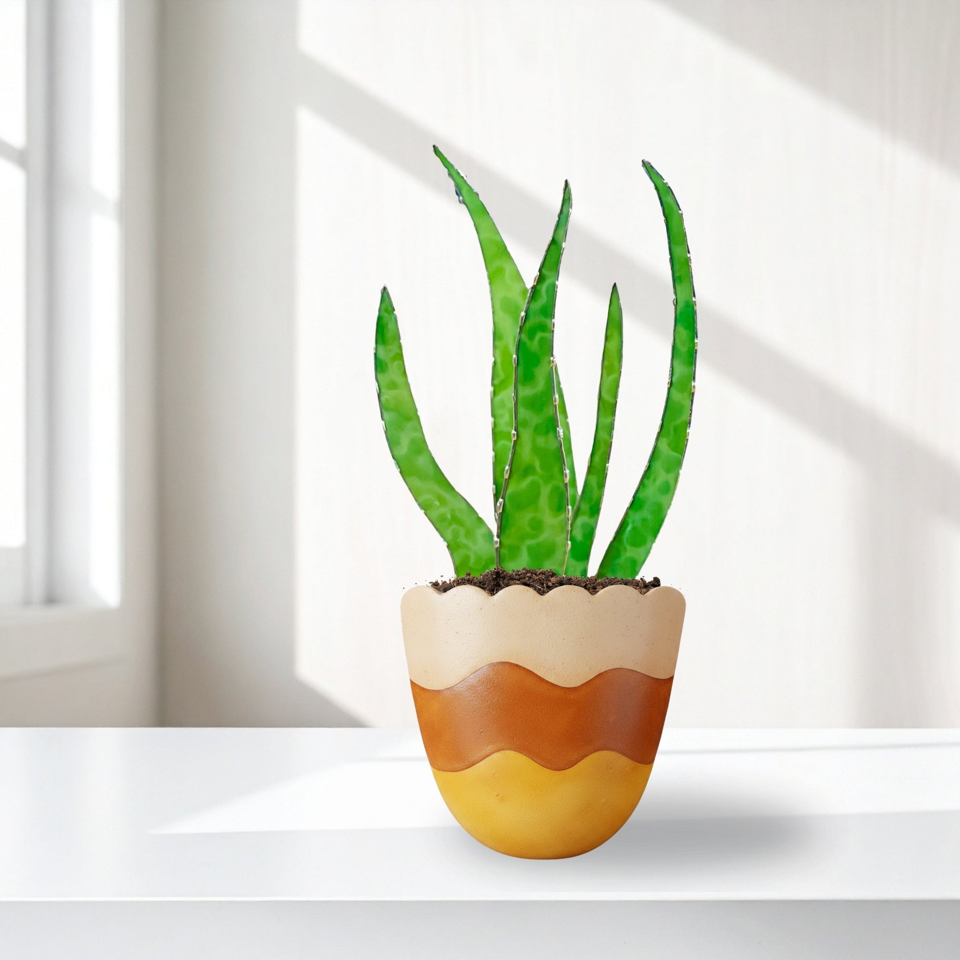 Stained Glass Aloe Plant Sculpture | Handmade Glass Plant Decor | Faux Aloe Stems in Modern Planter | Unique Gift for Plant Lovers - Samara Designs Studio