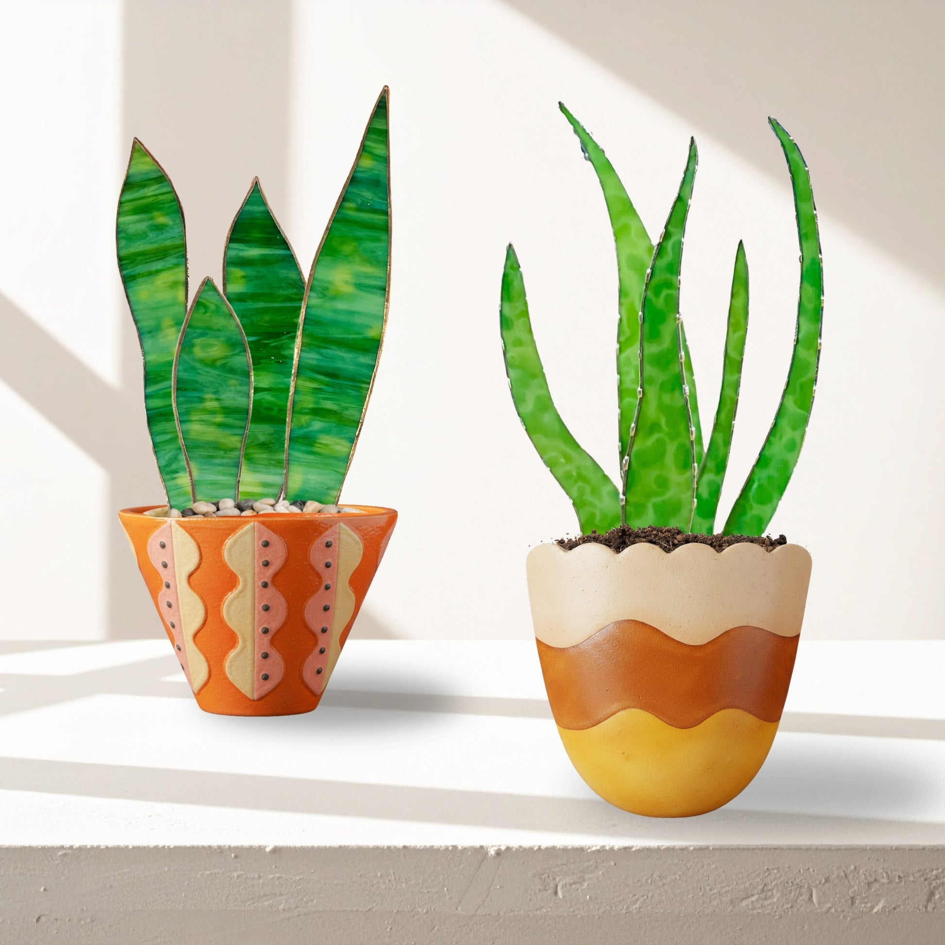 Stained Glass Aloe Plant Sculpture | Handmade Glass Plant Decor | Faux Aloe Stems in Modern Planter | Unique Gift for Plant Lovers - Samara Designs Studio