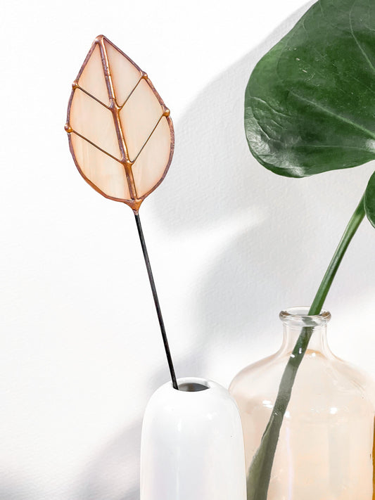 Peachy Pink Glass Leaf Plant Stake