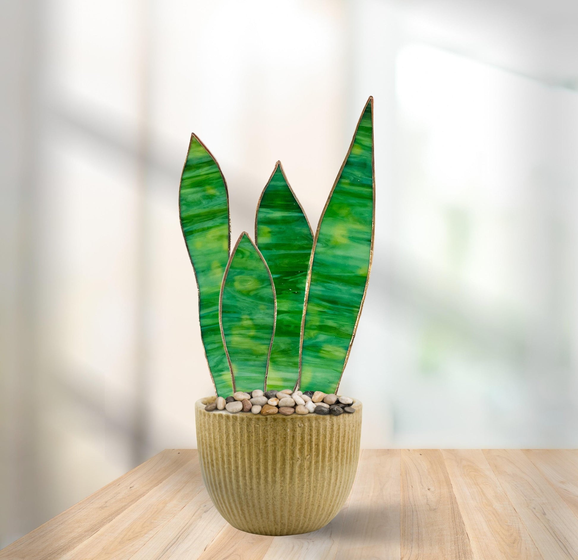 snake plant in glass vase Stained Glass Snake Plant Sculpture | Handmade Faux Plant Decor | Glass Succulent Leaves