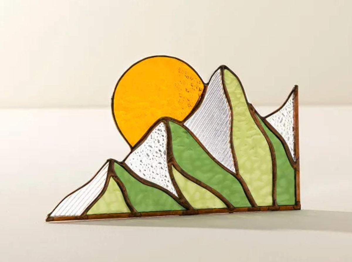 Summer Mountain Scape Stained Glass Corner Panel - Samara Designs Studio